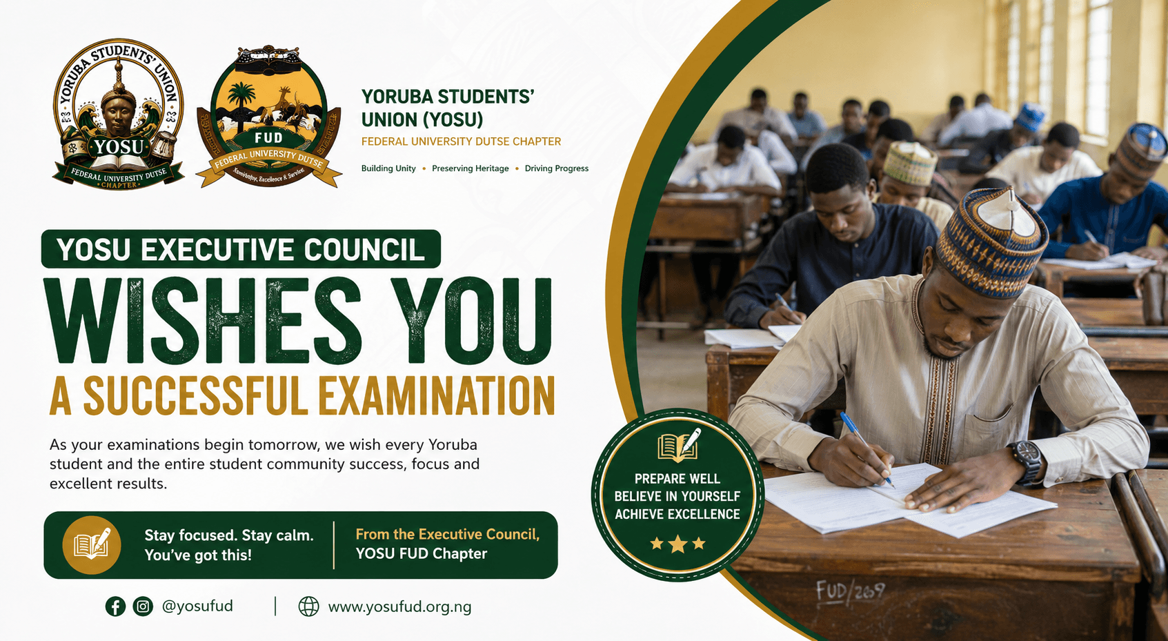 YOSU Executive Council Wishes Students Success as Examinations Begin